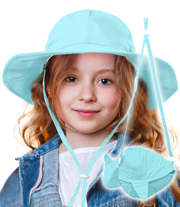 Aqua blue or teal Ariel kids sun hat by GearTOP featuring UPF 50+ UV shield, adjustable safety strap, and fish-shaped foldable design.