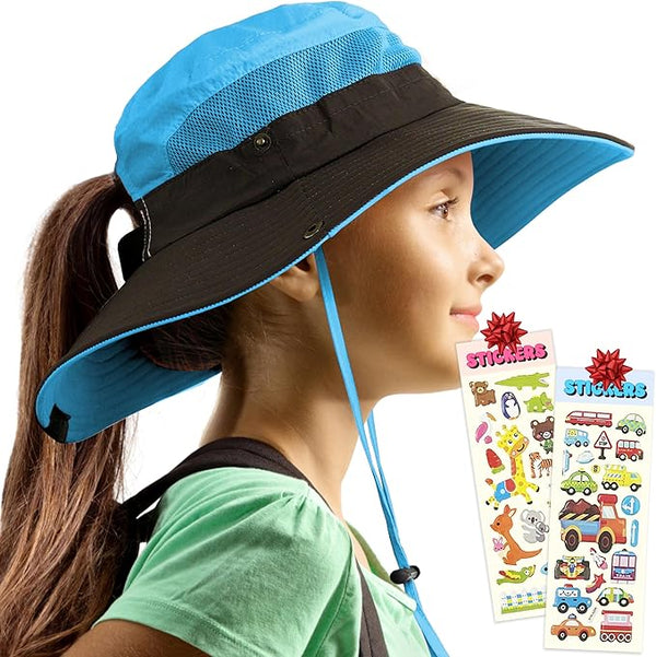 Child wearing blue GearTOP kids sun hat with ponytail hole and mesh, includes stickers, ideal for UV sun protection.