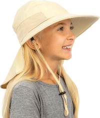 Child wearing the beige GearTOP Discoverer Series UPF 50+ sun hat with breathable mesh ventilation, adjustable chin strap, and neck flap for all-day sun protection.
