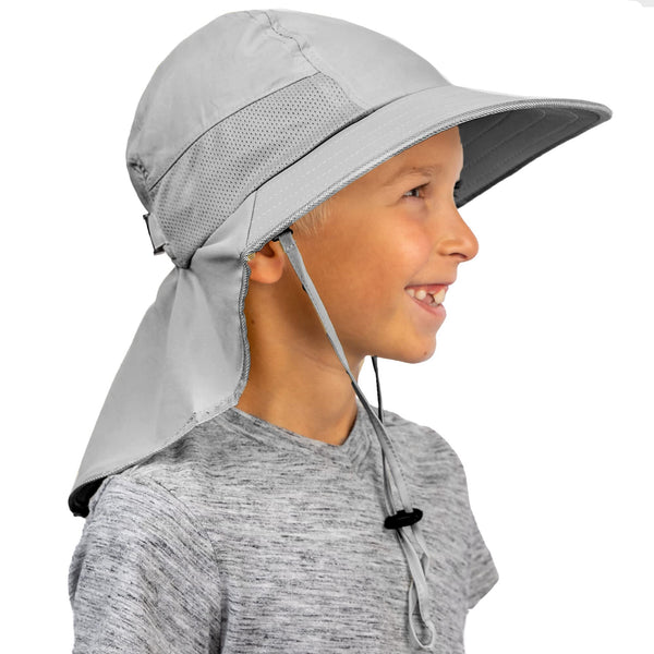 Child wearing the gray GearTOP Discoverer Series sun hat featuring breathable mesh panels, adjustable fit, neck flap, and wide brim for reliable UV protection.