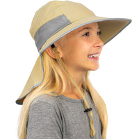 Child wearing the khaki GearTOP Discoverer Series UPF 50+ sun protection hat featuring a wide brim, breathable mesh panels, adjustable chin strap, and secure neck flap for comfortable all-day outdoor UV protection.