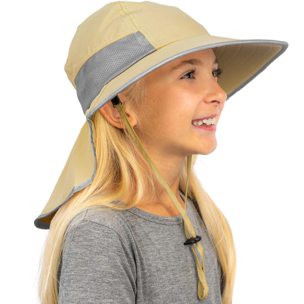 Child wearing the khaki GearTOP Discoverer Series UPF 50+ sun protection hat featuring a wide brim, breathable mesh panels, adjustable chin strap, and secure neck flap for comfortable all-day outdoor UV protection.