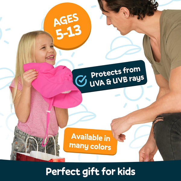 Child holding a GearTOP Discoverer Series UPF 50+ sun hat, highlighting UV protection, multiple color options, and a thoughtful gift for kids ages 5–13.