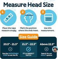 Discoverer Series kids sun hat size guide showing how to measure a child's head for the best fit, with adjustable sizing recommendations for ages 5–13.