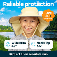 Child wearing the GearTOP Discoverer Series sun hat featuring UPF 50+ protection, a 3.7-inch wide brim, and a 6.5-inch neck flap for full sun coverage.
