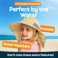 Child wearing the GearTOP Discoverer Series water-resistant and foldable sun hat, perfect for beach trips, swimming, hiking, and outdoor adventures.