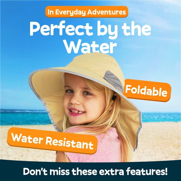Child wearing the GearTOP Discoverer Series water-resistant and foldable sun hat, perfect for beach trips, swimming, hiking, and outdoor adventures.
