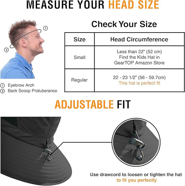 GearTop Discoverer Series size guide showing adjustable drawcord, chin strap, and recommended head circumference for a secure and comfortable fit during outdoor activities.