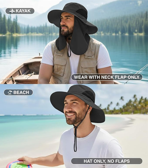 GearTop Discoverer Series sun hat worn with removable neck flap while kayaking and without flaps at the beach, providing customizable UPF 50+ protection for changing outdoor conditions.