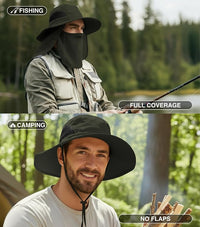 GearTop Discoverer Series sun hat shown in full coverage mode for fishing with face and neck flaps attached and in classic wide brim style for camping without flaps for versatile outdoor protection.