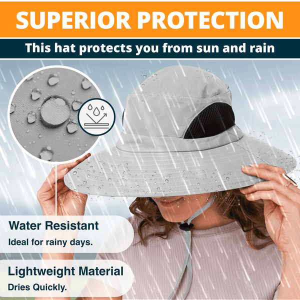 GearTop Discoverer Series light gray sun hat with water-resistant, quick-drying fabric and breathable mesh construction, designed for reliable protection from sun and light rain during outdoor adventures.
