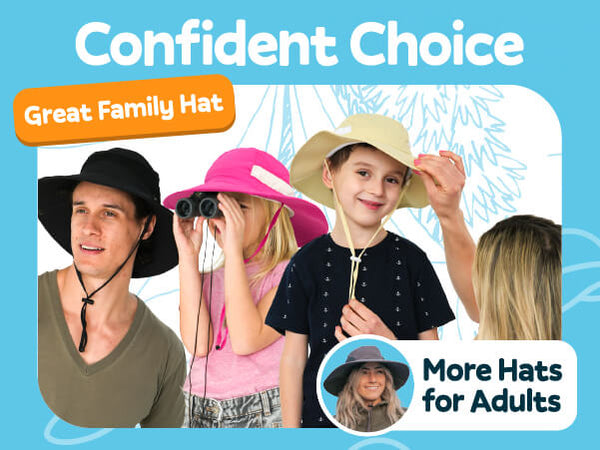 Family enjoying outdoor adventures wearing GearTOP sun hats, showing kids and adult versions designed for UPF 50+ sun protection, comfort, and adjustable secure fit.