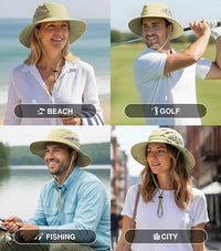 Men and women wearing the GearTOP Floater Series wide brim waterproof sun hat for the beach, golf, fishing, and everyday city wear with breathable mesh panels and UPF 50+ protection.