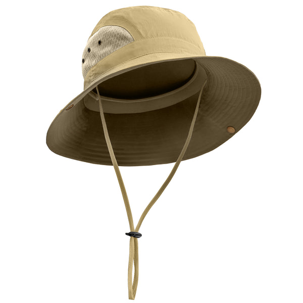 GearTOP Floater Series Khaki waterproof wide brim sun hat with breathable mesh panels, secure adjustable drawcord, and UPF 50+ UV protection for fishing, kayaking, hiking, and travel.