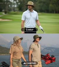 GearTOP Floater Series waterproof wide brim sun hat worn during golf and camping, offering breathable comfort, UPF 50+ sun protection, and an adjustable fit for outdoor adventures.