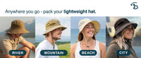 Lightweight and packable GearTOP Floater Series sun hat shown in river, mountain, beach, and city settings for versatile travel, hiking, fishing, and everyday outdoor wear.