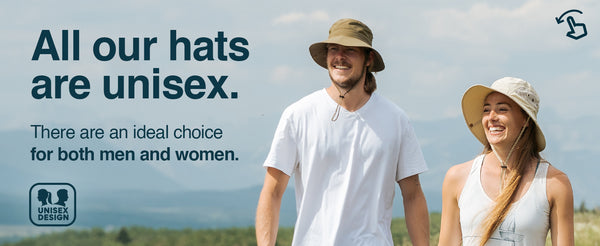 Men and women wearing the GearTOP Floater Series waterproof wide brim sun hat designed with UPF 50+ protection and a comfortable unisex fit for outdoor adventures.