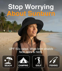 Woman wearing the GearTOP Floater Series black wide brim sun hat with UPF 50+ protection that shields the face, ears, and neck during beach trips, camping, golfing, and fishing.