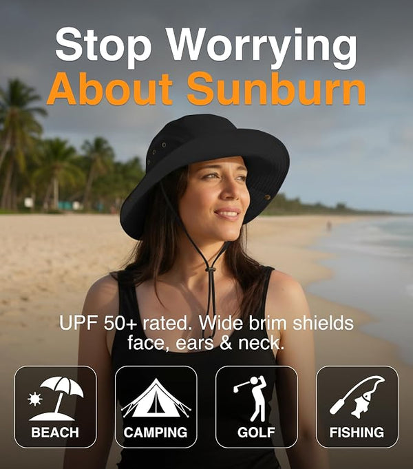 Woman wearing the GearTOP Floater Series black wide brim sun hat with UPF 50+ protection that shields the face, ears, and neck during beach trips, camping, golfing, and fishing.