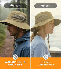 Split comparison showing the GearTOP Floater Series performing in rainy and sunny conditions with waterproof quick-dry fabric, breathable mesh ventilation, and UPF 50+ UV protection.