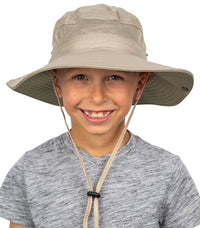 Close-up of khaki kids sun hat with breathable mesh band and wide brim for cooling and UV protection