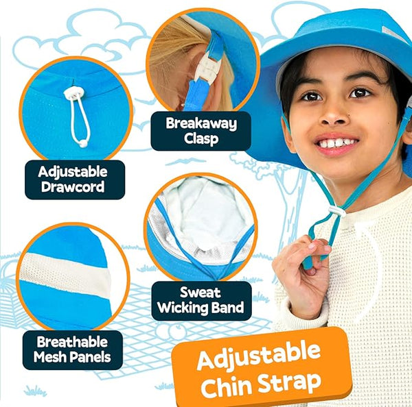Close-up feature view of the GearTOP kids sun hat showing adjustable chin strap, breakaway safety clasp, breathable mesh panels, and sweat-wicking interior band.