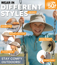 Kids sun hat showing adjustable styles with drawcord, snapped brim, and quick-release chin strap for secure fit