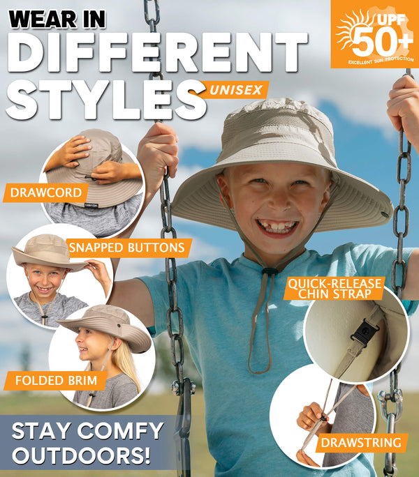 Kids sun hat showing adjustable styles with drawcord, snapped brim, and quick-release chin strap for secure fit