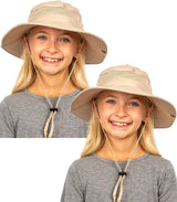 Smiling girl wearing GearTOP beige kids sun hats 2-pack with adjustable chin strap, UPF 50+ UV protection, wide brim.