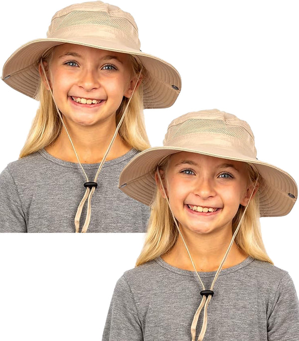 Smiling girl wearing GearTOP beige kids sun hats 2-pack with adjustable chin strap, UPF 50+ UV protection, wide brim.