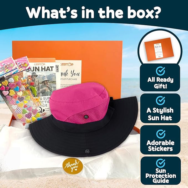 The GearTOP gift box includes a pink kids’ sun hat, colorful sticker packs, a sun safety guide, and a thank you card – ready for gifting.