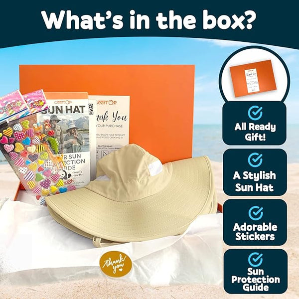 GearTOP Traveler Series kids sun hat gift set including a UPF 50+ wide brim hat, adorable stickers, sun protection guide, and ready-to-gift packaging.