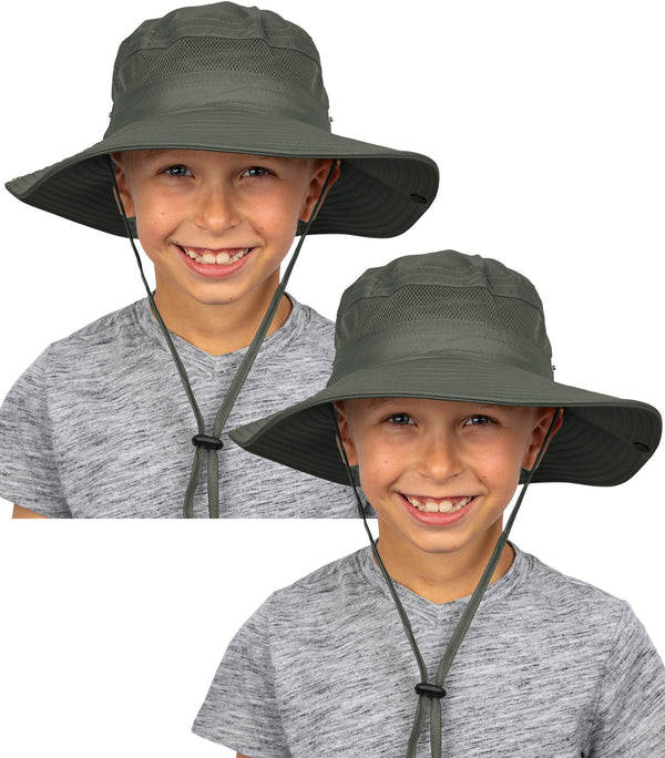 Boy wearing GearTOP army green kids sun hats 2-pack, wide brim, UPF 50+ sun protection, adjustable chin cord.
