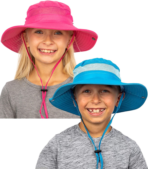 Kids wearing GearTOP sun hats in pink and blue; wide brim, mesh panels, adjustable fit, UPF 50+ protection, 2-pack set.