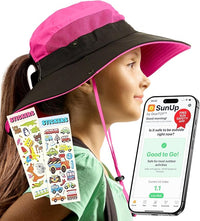 GearTOP pink kids sun hat with mesh, sticker packs, and phone displaying the SunUp UV safety app for outdoor play.
