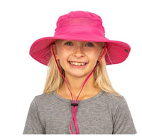 Girl in GearTOP pink kids sun hat with wide brim, adjustable chin strap, UPF 50+ UV protection for outdoor adventures.