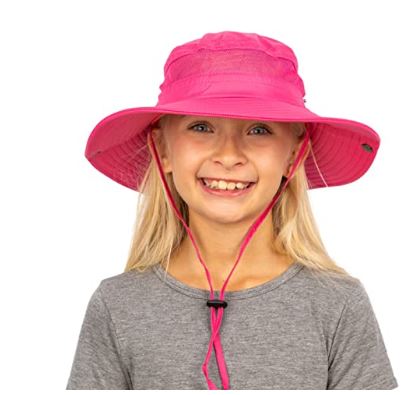Girl in GearTOP pink kids sun hat with wide brim, adjustable chin strap, UPF 50+ UV protection for outdoor adventures.