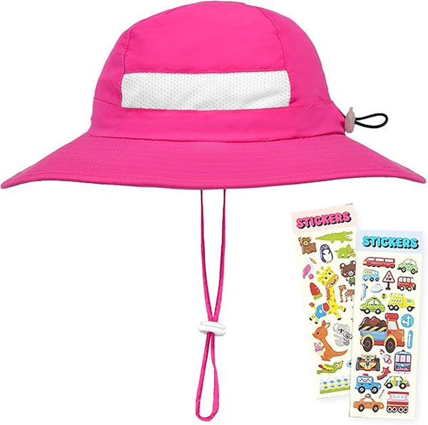 Pink GearTOP kids bucket sun hat with UPF 50+ sun protection, lightweight nylon fabric, breathable mesh panel, adjustable chin strap, and fun sticker pack.