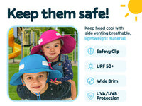 Two children wearing GearTOP kids sun hats highlighting UPF 50+ protection, wide brim coverage, breathable lightweight material, and a safety breakaway chin clip for outdoor play.