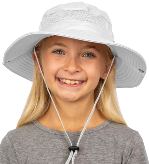 Child wearing light gray GearTOP kids sun hat with chin strap and UPF 50+ sun protection outdoors