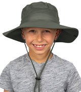 Boy wearing olive green GearTOP kids sun hat with wide brim and adjustable chin strap for comfortable sun protection
