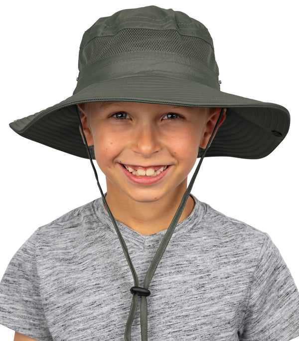 Boy wearing olive green GearTOP kids sun hat with wide brim and adjustable chin strap for comfortable sun protection