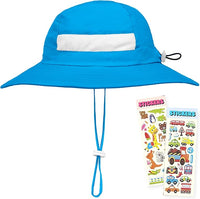 Blue GearTOP kids sun protection hat designed with UPF 50+ fabric, water-resistant nylon, adjustable fit, breathable mesh ventilation, and included kids stickers.