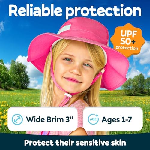 Child wearing the pink GearTOP kids sun hat outdoors, featuring UPF 50+ protection, wide 3-inch brim, and full coverage designed to protect sensitive skin.