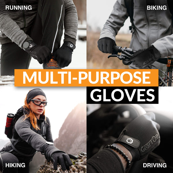 GearTop multi-purpose touchscreen gloves designed for running, cycling, hiking, and driving with breathable warmth, secure grip, and responsive touchscreen fingertips.