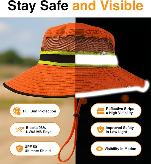 Comparison showing the GearTOP Navigator Hi-Vis Orange safety sun hat in daylight and low-light conditions, demonstrating reflective trim, UPF 50+ UV protection, and enhanced visibility for outdoor work.