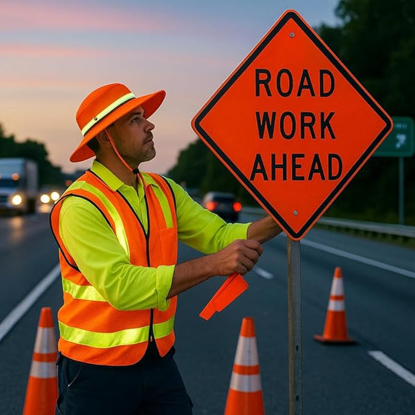 Construction worker wearing the GearTOP Navigator Hi-Vis Orange reflective sun hat with UPF 50+ protection while setting up a road work sign, improving visibility and sun protection on the job.
