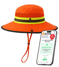 GearTOP Navigator Hi-Vis Orange reflective safety sun hat featuring UPF 50+ sun protection, wide brim, breathable mesh crown, adjustable fit, and SunUp UV safety app for construction, road work, hiking, and outdoor jobs.