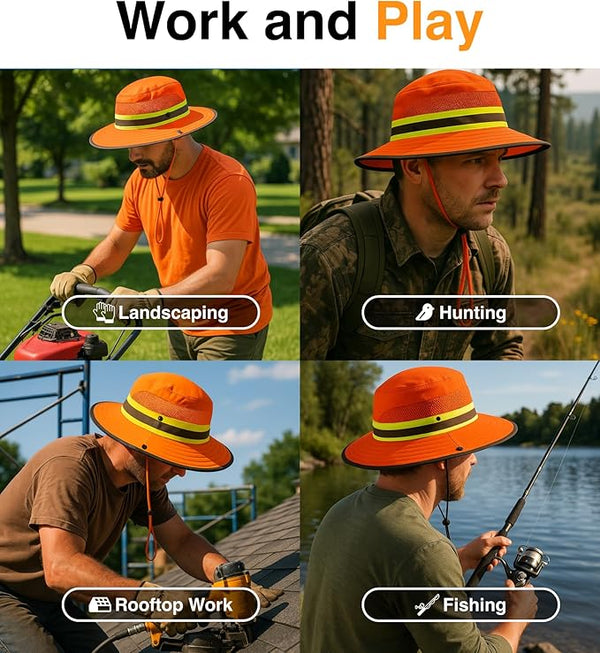 GearTOP Navigator Hi-Vis Orange UPF 50+ safety sun hat used for landscaping, hunting, rooftop work, and fishing with breathable comfort, reflective visibility, and all-day sun protection.