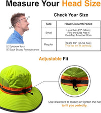 Size guide showing how to measure head circumference and adjust the GearTOP Navigator Hi-Vis Safety Sun Hat using the rear drawcord for a secure, comfortable fit during outdoor work and recreation.